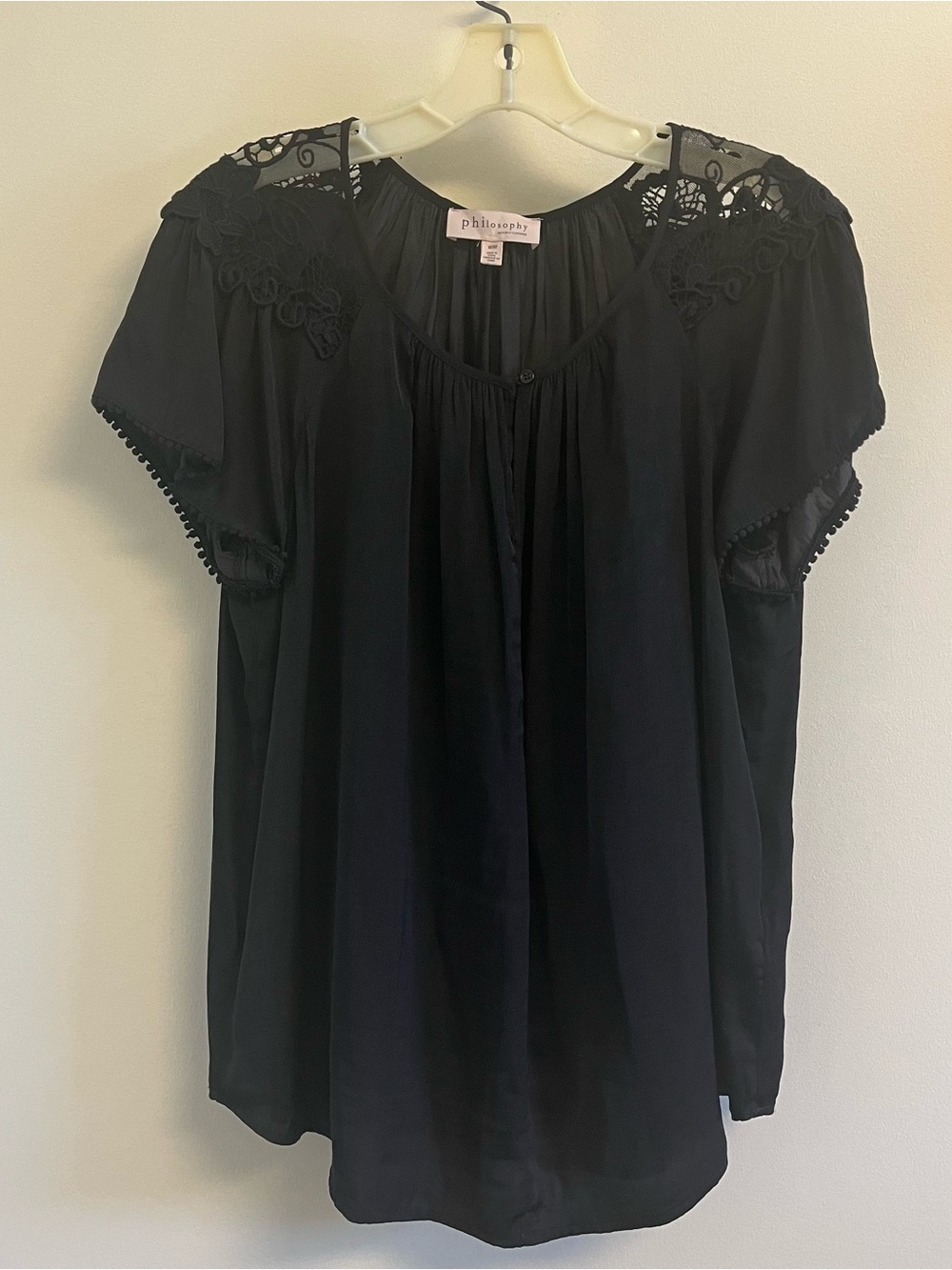 Philosophy Whimsigoth Flowy Womens Blouse M Black Chiffon Lace Short Sleeve